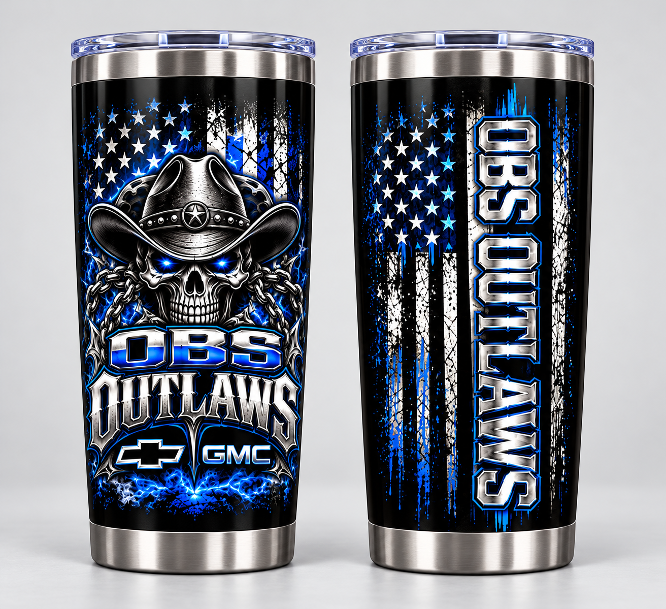 OBS Outlaws black 20 oz tumbler — front and back views