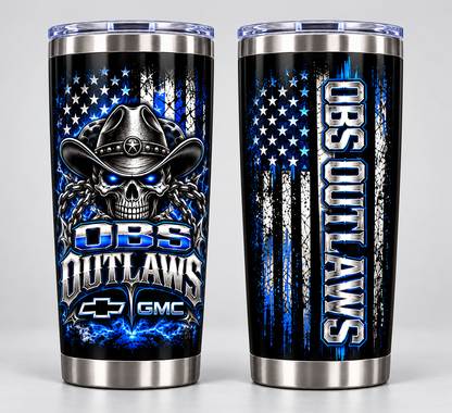 OBS Outlaws black 20 oz tumbler — front and back views