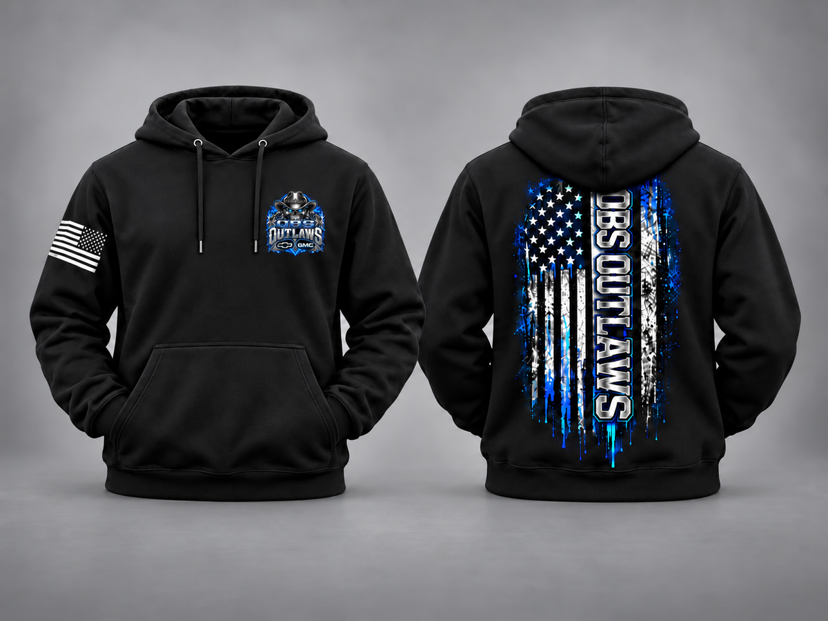 OBS Outlaws black hoodie front and back with smaller chest print