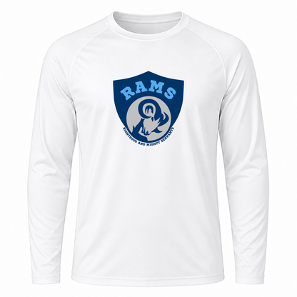 Rams Logo Performance long sleeve in White with uniformly sized centered front DTF print